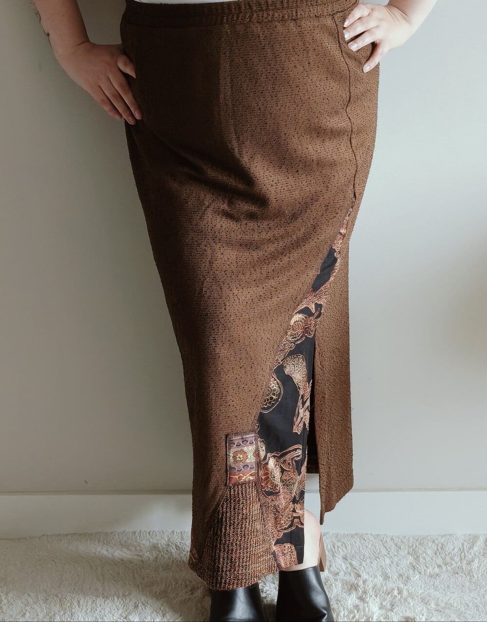 Vintage Nancy Bolen Textured Patchwork Maxi Skirt Knit Paisley Slit Size Large